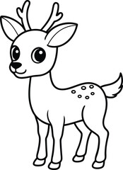 Adorable black and white cartoon fawn standing smiling with antlers vector illustration