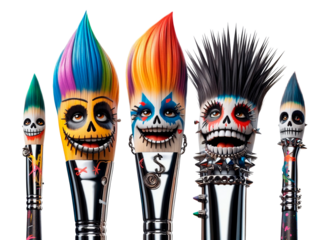 Creative concept image of punk rock style paintbrushes with colorful bristle hairstyles and skull faces. Each brush is uniquely styled with vibrant colors, piercings, and expressive personality