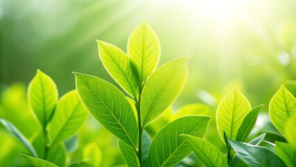 Close-up of green leaves with sunlight shining through in a natural forest setting