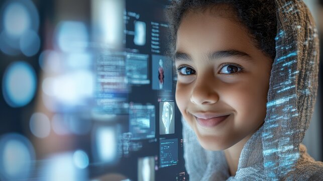 Girl Smiling  Future Technology  STEM Education  Digital Interface