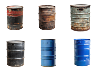Collection of plastic barrel placed in a corner of a garage, slightly worn and weathered. isolate on transparent background