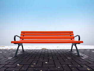 Orange Bench in Foggy Landscape | Minimalist Solitary Bench Photo