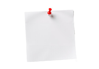 White sticky post-it note with red pushpin isolated on transparent background	