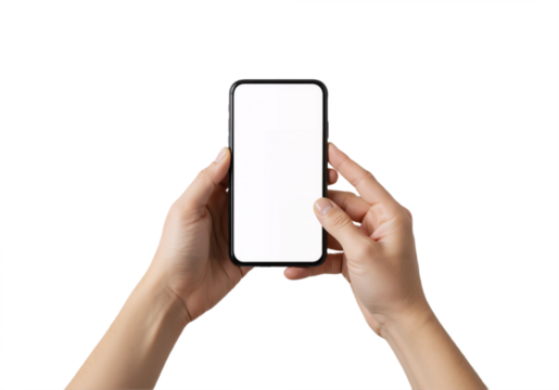Hands holding a smartphone with a blank screen against a transparent background.