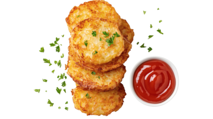Overhead view of golden hash browns stacked with parsley garnish and ketchup on the side isolated on transparent background 