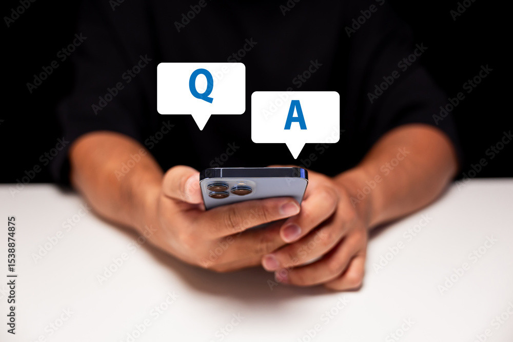 Aufkleber a person holding a smartphone with floating q and a chat bubbles, symbolizing questions and answers 