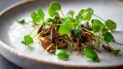 Unique culinary dish featuring edible insects and microgreens served on a plate