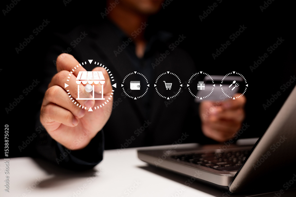 Poster a person interacts with a virtual interface displaying icons related to shopping, payment, and onlin