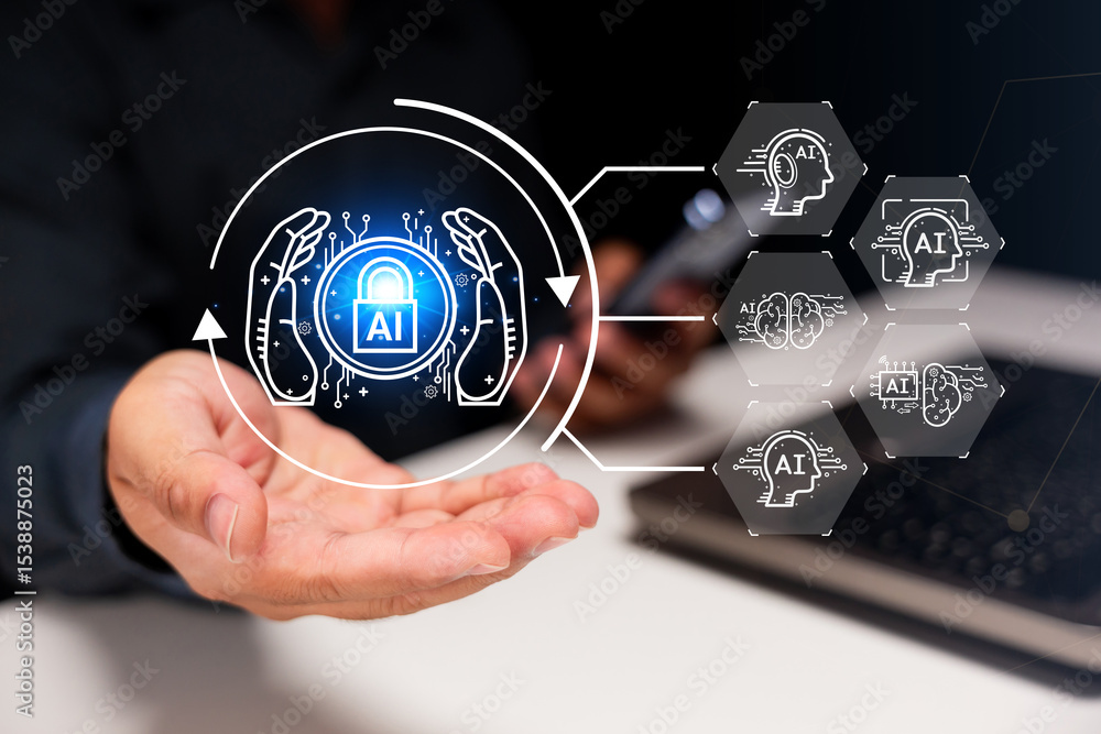 Poster a person holds a digital ai icon with futuristic holographic technology and ai-related hexagonal gra