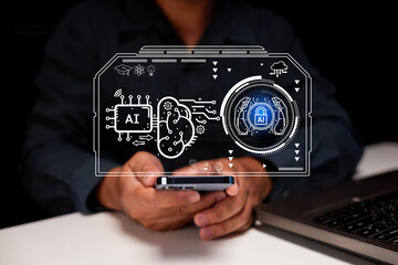 A person using a smartphone with a digital overlay illustrating AI technology, brain connections, and data flow, symbolizing artificial intelligence and advanced tech integration.