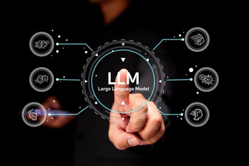 A hand interacts with a futuristic virtual interface displaying "LLM Large Language Model" and neural network icons on a black background.
