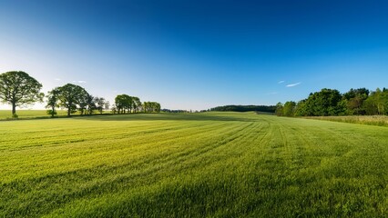 Vibrant Green Field with Trees Under a Clear Blue Sky, Scenic Landscape View, Peaceful Nature Scene, Agricultural Land with Sunlight and Horizon