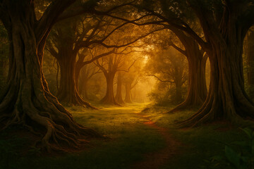 A magical forest scene with glowing sunlight filtering through tall, ancient trees creating a mystical and serene atmosphere. 