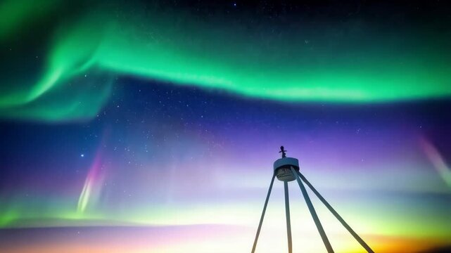 Gigantic parabolic antenna situated in a snowy field under a mesmerizing aurora borealis display near mountain range and colorful horizon sky