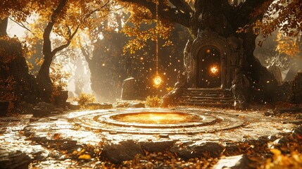 Golden autumnal forest clearing with a mystical stone structure. Sunlight streams through the autumn foliage, illuminating a circular stone platform with a glowing pool in the center
