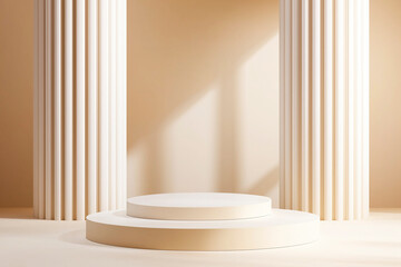 Elegant round podium with fluted columns in a soft beige classical interior.