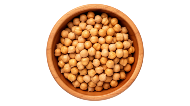 A wooden bowl filled to the brim with a large quantity of dried chickpeas on a black background