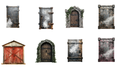 Collection of heavy metal vault door, slightly unlocked, with steam leaking out from the edges. isolate on transparent background