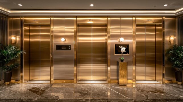 Golden elevator bank in a modern lobby. Luxury, polished metal, stylish