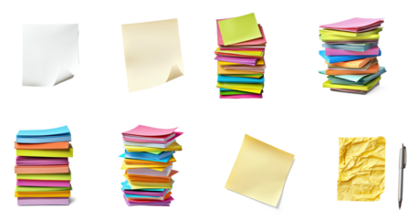 Collection of sticky note being blown away by a gentle breeze, mid-air motion with slight folds. isolate on transparent background