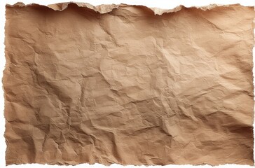 A crumpled, light brown sheet of paper with irregular, torn edges.  The texture is heavily creased and uneven