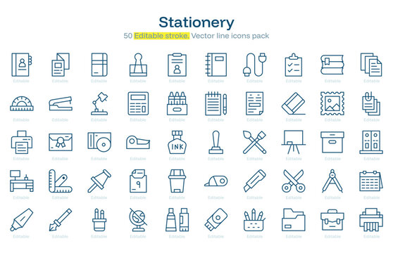 Stationery line icon pack. Stationery Stroke icon set. Editable Stroke icon