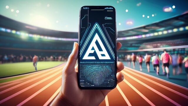 Hand Holding Smartphone with AI Logo Overlooking Track and Field Runners - Artificial Intelligence Application Concept, Futuristic Technology, Digital Sport, Smart Training