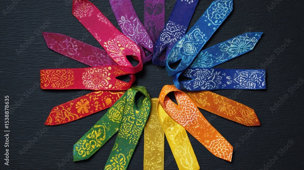 Poster support ribbon designs arranged in a colorful radial flower pattern on a dark background showcasing 