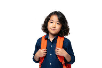Happy asian girl with orange backpack on white or transparent background, ideal for educational or school themed designs.
