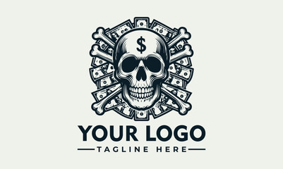 Skull with a dollar sign on its forehead, crossed bones, and money in the background.