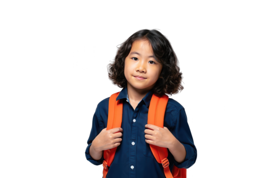 Happy asian girl with orange backpack on white or transparent background, ideal for educational or school themed designs.