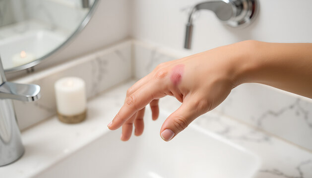 Minimalist macro photo of bee sting on swollen hand with visible stinger in home bathroom setting, soft daylight and marble reflection &ndash; professional quality 