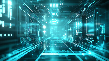 A futuristic space with a blue light and a lot of lights