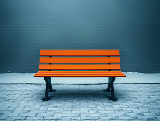 Orange Bench in Foggy Landscape | Minimalist Solitary Bench Photo