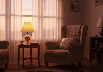Cozy Living Space Armchair and Lamp Lit by Sunset Sunlight