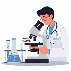Microscopic Insight: A dedicated doctor meticulously examines a sample through a microscope, accompanied by lab equipment. Focuses on medical discovery.