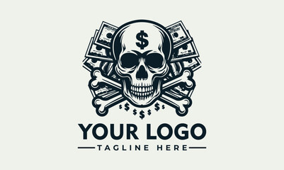 A skull with dollar sign, money, and crossed bones, logo design.