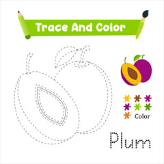 Handwriting Practice. Trace And Color The Plum Which Is Perfect. Vector Illustration