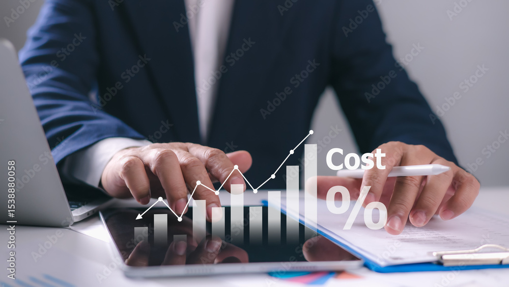 Poster businessman analyzes cost optimization and expense management using data driven insights for budget 