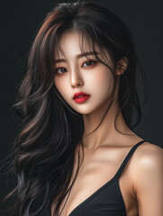 Fototapeta premium Captivating Korean model poses against a dark backdrop showcasing natural beauty and elegance