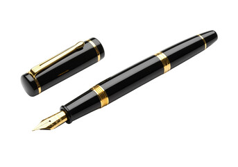 Elegant black fountain pen with gold accents isolated on PNG background, fountain pen, pen, black, gold, writing, luxury, elegant, stationery, nib, ink, object, business, office, tool, education, desi