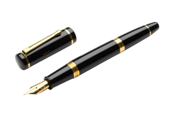 Elegant black fountain pen with gold accents isolated on PNG background, fountain pen, pen, black, gold, writing, luxury, elegant, stationery, nib, ink, object, business, office, tool, education, desi