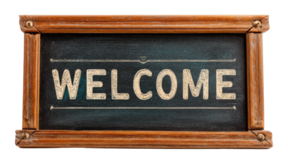 Inviting welcome sign on chalkboard home entrance digital indoor hospitality concept cut out png