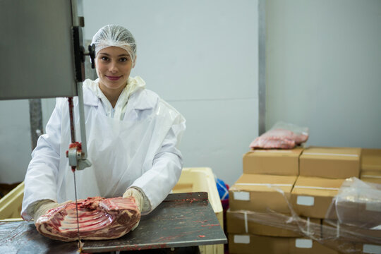 Female butcher cutting large raw meat rack on band saw in processing room with hairnet gloves