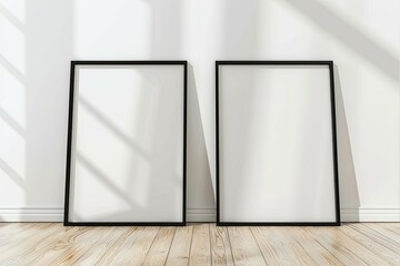 Two Empty Vertical Black Frame Mock Up in a White Interior Room Design with Wooden Oak Floor