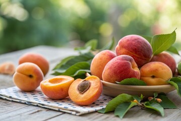 Fruits apricots, peaches, natural background, blur, selective focus