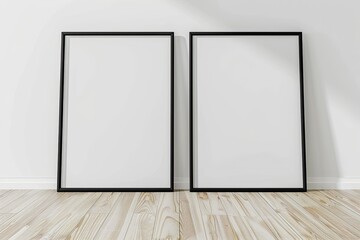 Two Empty Vertical Black Frame Mock Up in a White Interior Room Design with Wooden Oak Floor