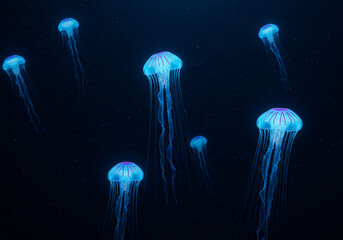 Bioluminescent jellyfish in deep dark ocean, glowing in electric blue and purple, mysterious atmosphere