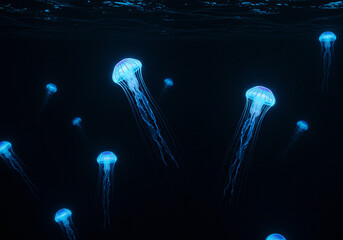 Bioluminescent jellyfish in deep dark ocean, glowing in electric blue and purple, mysterious atmosphere