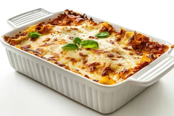 High Detail Visual of Cooked Lasagna in Baking Dish Isolated on White